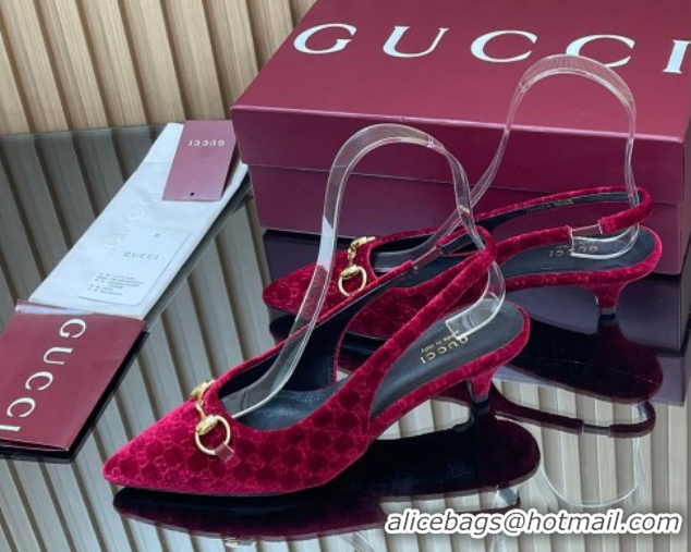 Top Design Gucci GG Velvet Slingback Pumps 4.5cm with Horsebit Red 835978