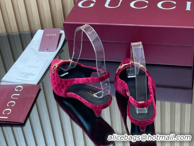 Top Design Gucci GG Velvet Slingback Pumps 4.5cm with Horsebit Red 835978