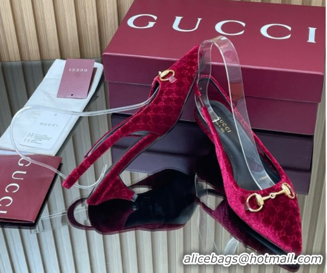 Top Design Gucci GG Velvet Slingback Pumps 4.5cm with Horsebit Red 835978