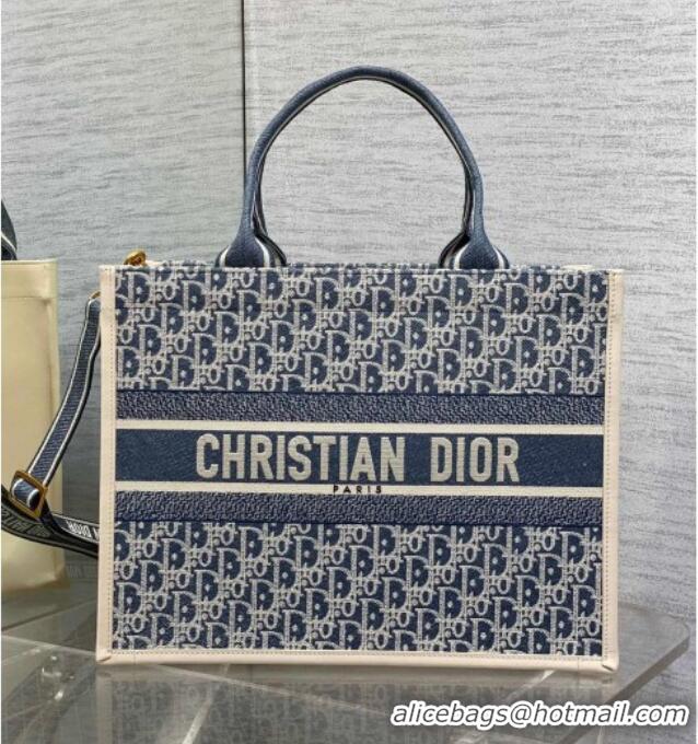 Top Quality Dior Medium Dior Book Tote Bag in Dior Oblique Chambray-Effect Embroidery D6044 Blue/White 2025