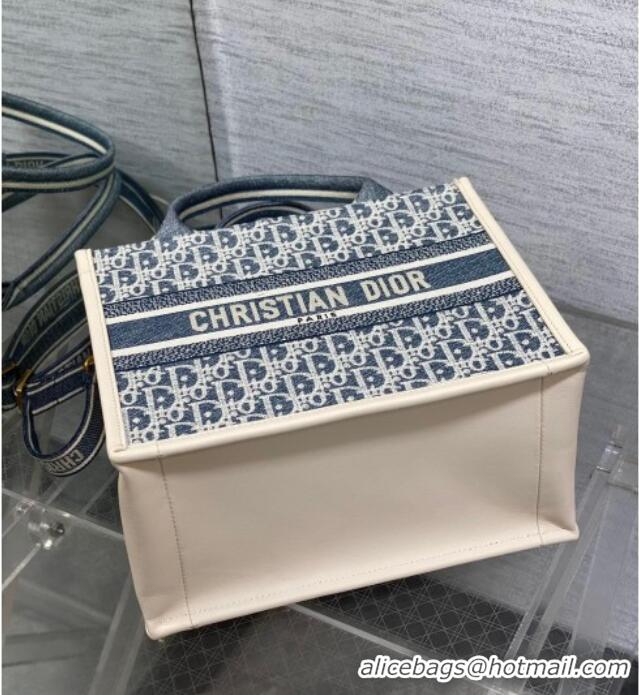 Top Grade Dior Small Dior Book Tote Bag in Dior Oblique Chambray-Effect Embroidery D6046 Blue/White 2025