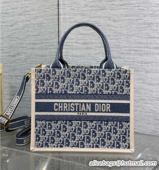 Top Grade Dior Small Dior Book Tote Bag in Dior Oblique Chambray-Effect Embroidery D6046 Blue/White 2025
