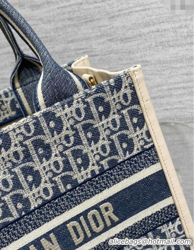 Top Grade Dior Small Dior Book Tote Bag in Dior Oblique Chambray-Effect Embroidery D6046 Blue/White 2025