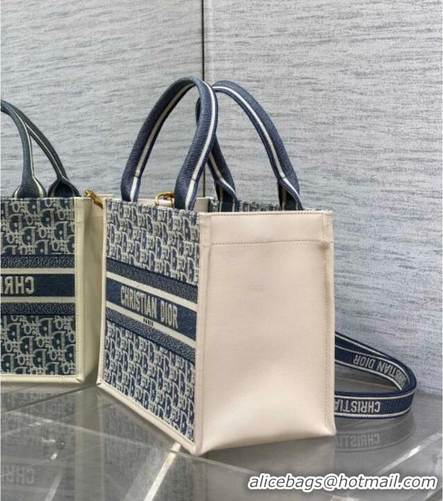 Top Grade Dior Small Dior Book Tote Bag in Dior Oblique Chambray-Effect Embroidery D6046 Blue/White 2025