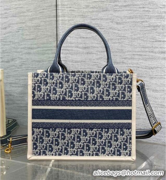 Top Grade Dior Small Dior Book Tote Bag in Dior Oblique Chambray-Effect Embroidery D6046 Blue/White 2025