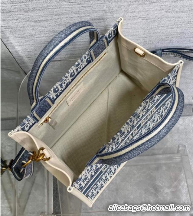 Top Grade Dior Small Dior Book Tote Bag in Dior Oblique Chambray-Effect Embroidery D6046 Blue/White 2025