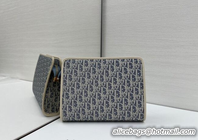 Best Product Dior  Dior Oblique Chambray-Effect Embroidery Pouch 2108/6398 Blue 2025