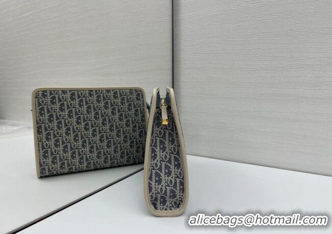 Best Product Dior  Dior Oblique Chambray-Effect Embroidery Pouch 2108/6398 Blue 2025