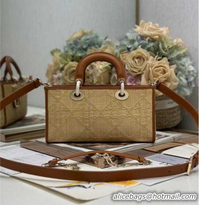 Grade Discount Dior Lady D-Joy Medium Bag in Cannage Straw-Like M9250 Khaki/Brown 2025