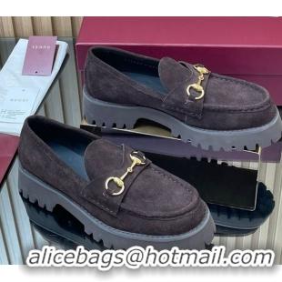 Stylish Gucci Suede Loafers 4.5cm with Horsebit Dark Brown 2025 GG123101