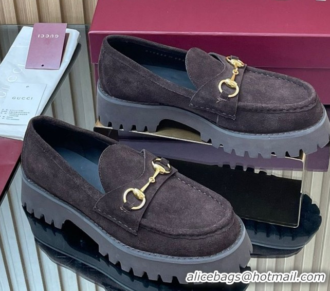 Stylish Gucci Suede Loafers 4.5cm with Horsebit Dark Brown 2025 GG123101