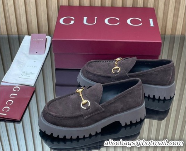 Stylish Gucci Suede Loafers 4.5cm with Horsebit Dark Brown 2025 GG123101