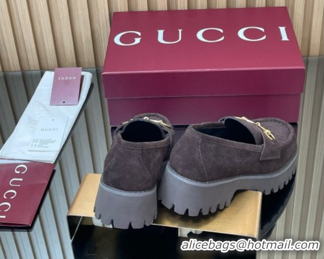 Stylish Gucci Suede Loafers 4.5cm with Horsebit Dark Brown 2025 GG123101
