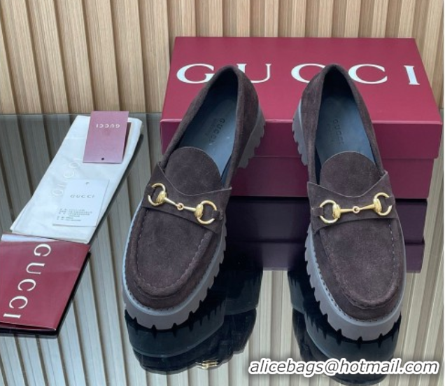 Stylish Gucci Suede Loafers 4.5cm with Horsebit Dark Brown 2025 GG123101