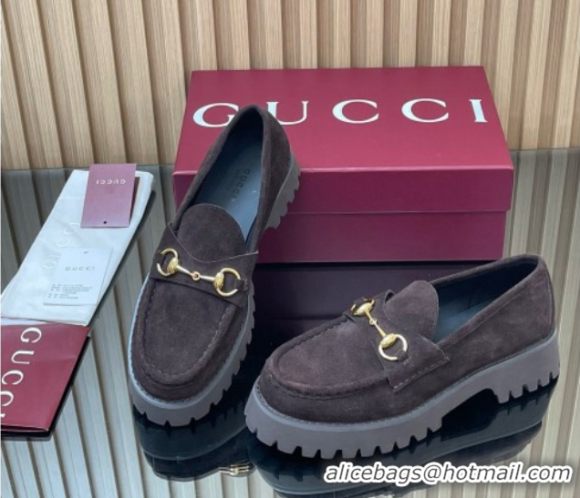 Stylish Gucci Suede Loafers 4.5cm with Horsebit Dark Brown 2025 GG123101