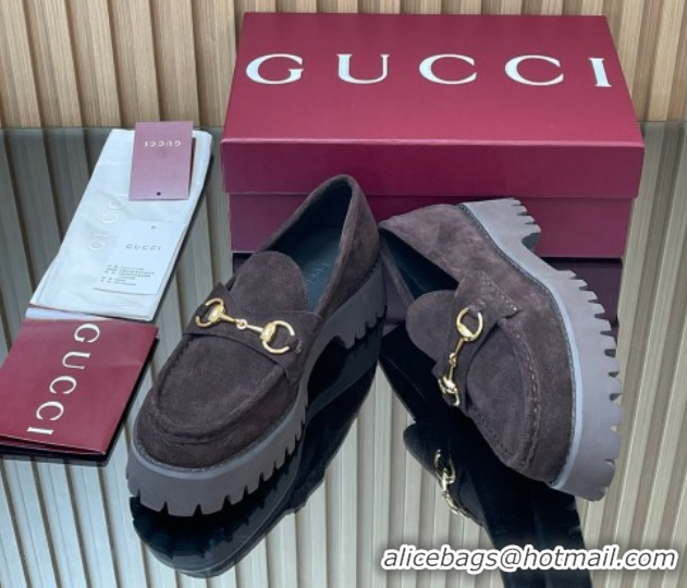 Stylish Gucci Suede Loafers 4.5cm with Horsebit Dark Brown 2025 GG123101