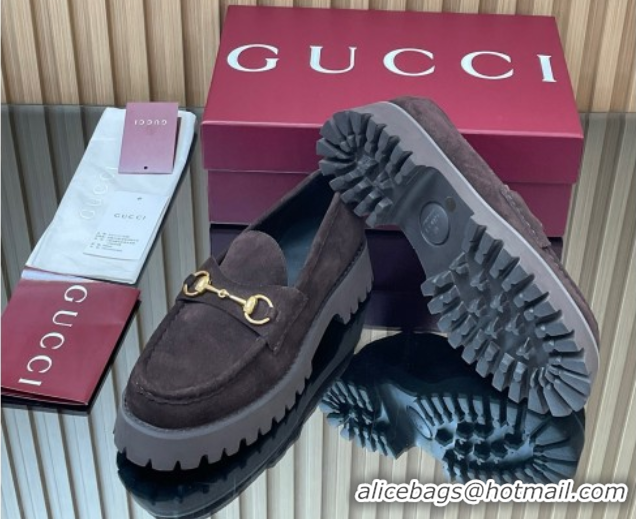 Stylish Gucci Suede Loafers 4.5cm with Horsebit Dark Brown 2025 GG123101