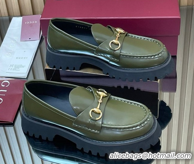 Pretty Style Gucci Leather Loafers 4.5cm with Horsebit Green 2025 GG123101