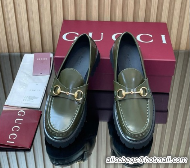 Pretty Style Gucci Leather Loafers 4.5cm with Horsebit Green 2025 GG123101
