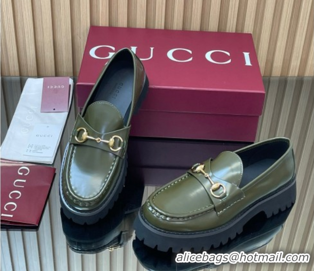 Pretty Style Gucci Leather Loafers 4.5cm with Horsebit Green 2025 GG123101