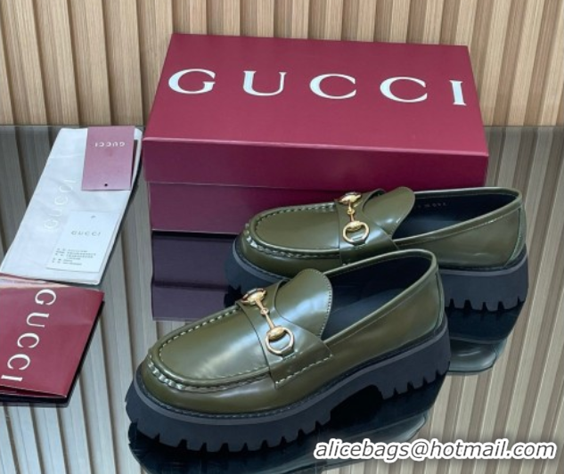Pretty Style Gucci Leather Loafers 4.5cm with Horsebit Green 2025 GG123101