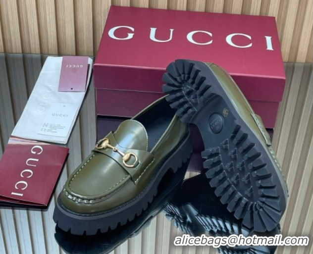 Pretty Style Gucci Leather Loafers 4.5cm with Horsebit Green 2025 GG123101