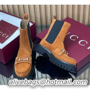 Shop Duplicate Gucci Suede Ankle Boots 4.5cm with Horsebit Light Brown 2025 834770