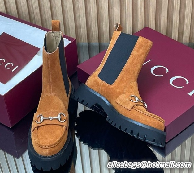 Shop Duplicate Gucci Suede Ankle Boots 4.5cm with Horsebit Light Brown 2025 834770