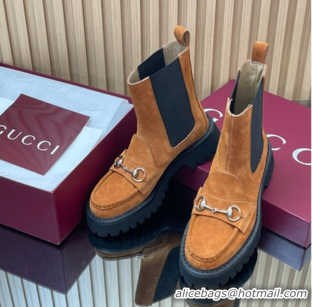Shop Duplicate Gucci Suede Ankle Boots 4.5cm with Horsebit Light Brown 2025 834770