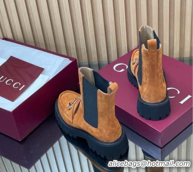 Shop Duplicate Gucci Suede Ankle Boots 4.5cm with Horsebit Light Brown 2025 834770