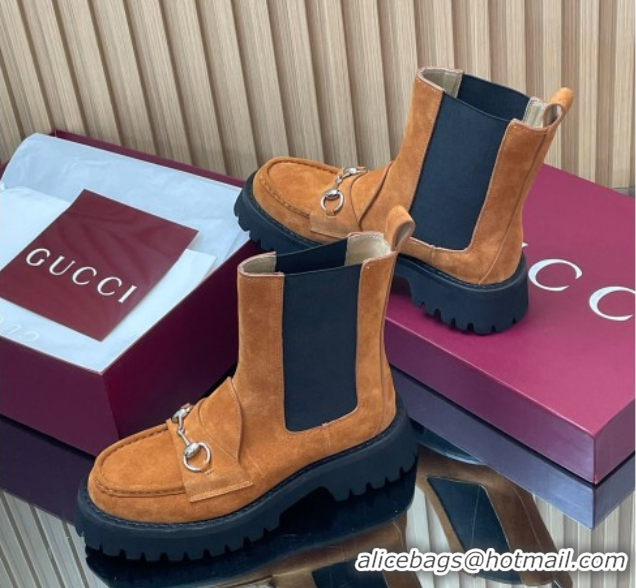 Shop Duplicate Gucci Suede Ankle Boots 4.5cm with Horsebit Light Brown 2025 834770