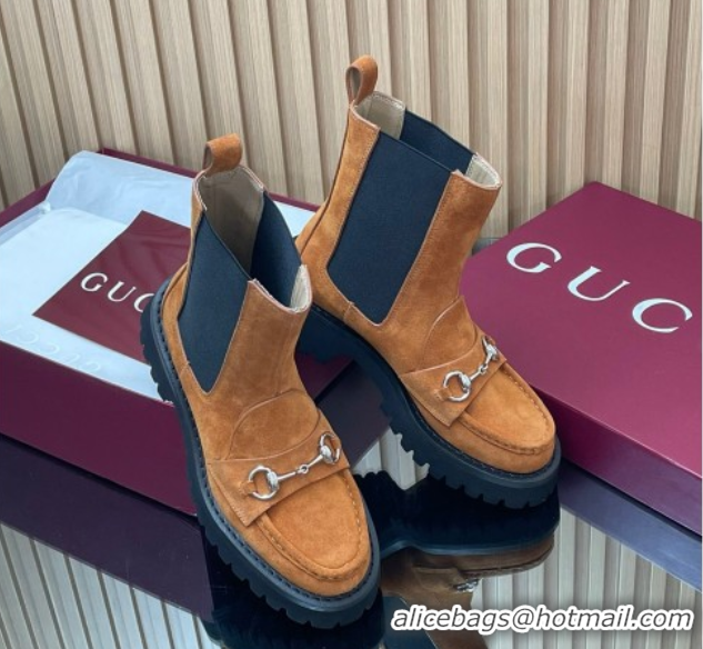 Shop Duplicate Gucci Suede Ankle Boots 4.5cm with Horsebit Light Brown 2025 834770