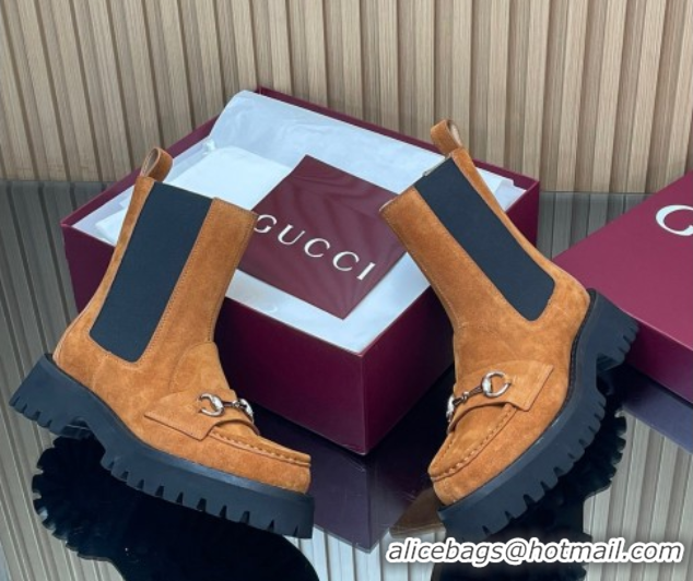 Shop Duplicate Gucci Suede Ankle Boots 4.5cm with Horsebit Light Brown 2025 834770