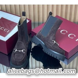 Expensive Gucci Suede Ankle Boots 4.5cm with Horsebit Dark Brown 2025 834770