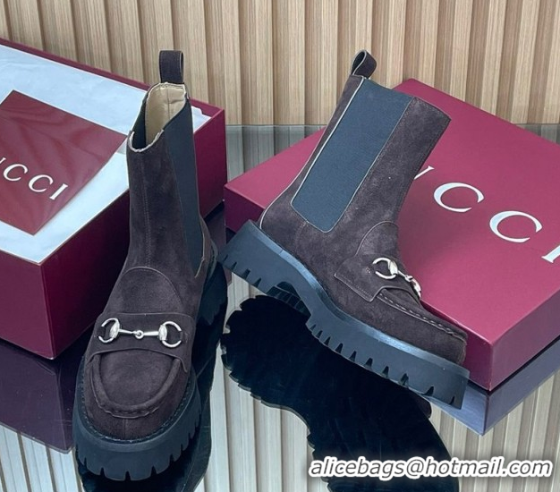 Expensive Gucci Suede Ankle Boots 4.5cm with Horsebit Dark Brown 2025 834770