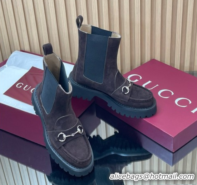 Expensive Gucci Suede Ankle Boots 4.5cm with Horsebit Dark Brown 2025 834770