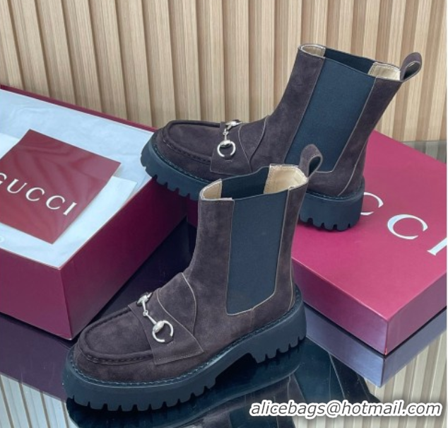 Expensive Gucci Suede Ankle Boots 4.5cm with Horsebit Dark Brown 2025 834770