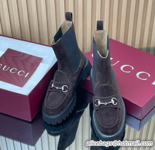 Expensive Gucci Suede Ankle Boots 4.5cm with Horsebit Dark Brown 2025 834770
