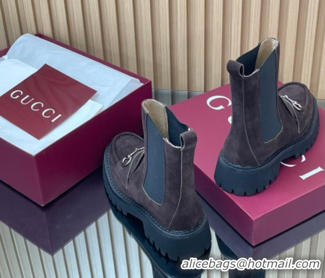Expensive Gucci Suede Ankle Boots 4.5cm with Horsebit Dark Brown 2025 834770