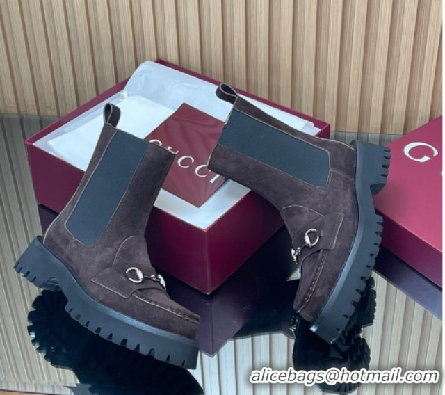 Expensive Gucci Suede Ankle Boots 4.5cm with Horsebit Dark Brown 2025 834770