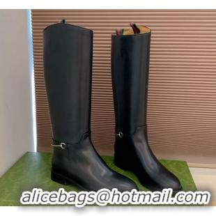 Best Price Gucci Calf Leather Flat High Boots with Slim Horsebit Black 2025 805312