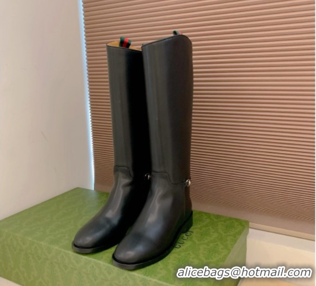 Best Price Gucci Calf Leather Flat High Boots with Slim Horsebit Black 2025 805312