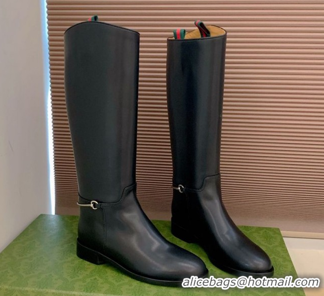 Best Price Gucci Calf Leather Flat High Boots with Slim Horsebit Black 2025 805312