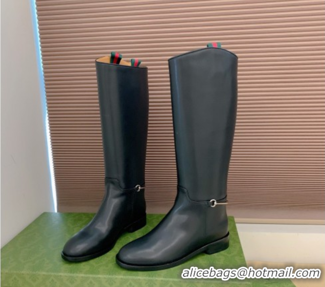 Best Price Gucci Calf Leather Flat High Boots with Slim Horsebit Black 2025 805312