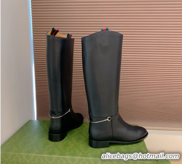 Best Price Gucci Calf Leather Flat High Boots with Slim Horsebit Black 2025 805312