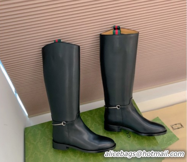Best Price Gucci Calf Leather Flat High Boots with Slim Horsebit Black 2025 805312