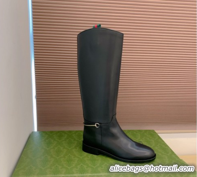 Best Price Gucci Calf Leather Flat High Boots with Slim Horsebit Black 2025 805312