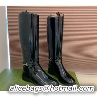 Luxury Gucci Shiny Leather Flat High Boots with Slim Horsebit Black 2025 805312