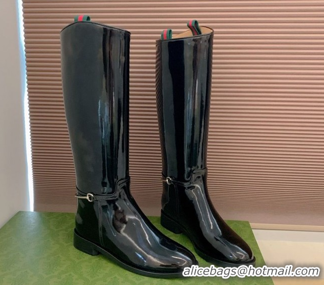 Luxury Gucci Shiny Leather Flat High Boots with Slim Horsebit Black 2025 805312