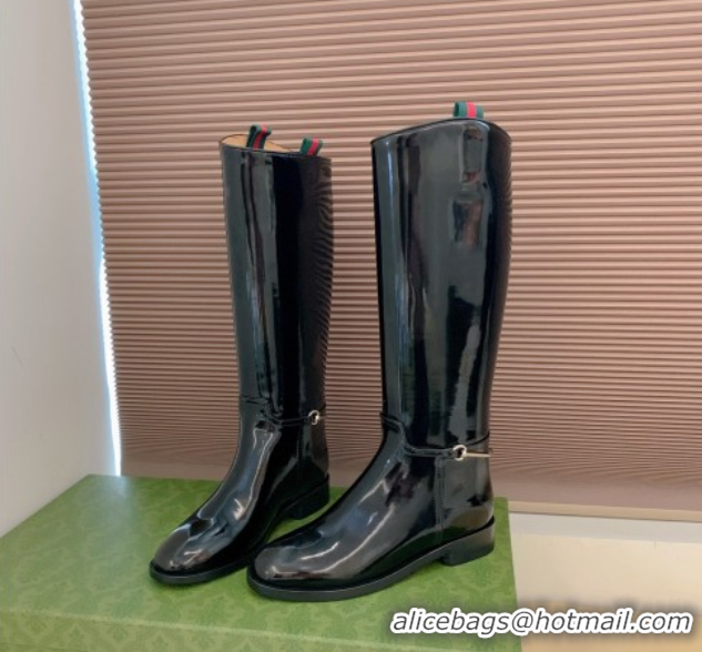 Luxury Gucci Shiny Leather Flat High Boots with Slim Horsebit Black 2025 805312